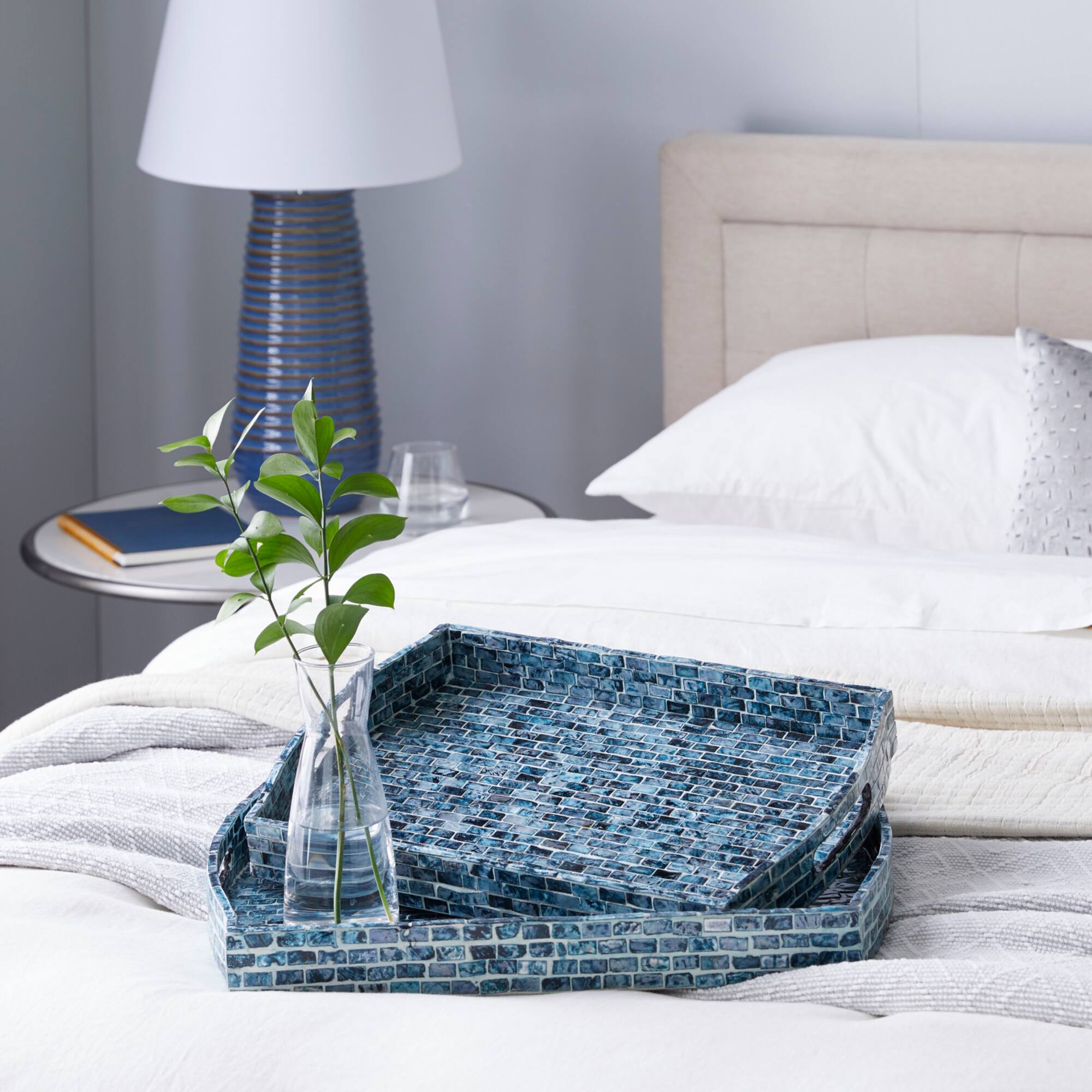 Blue Wood Coastal Tray Set